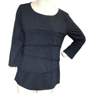 HabitaT 3/4-Sleeve Layered Ruffle Top Black Stretch Cotton Sz L #163B